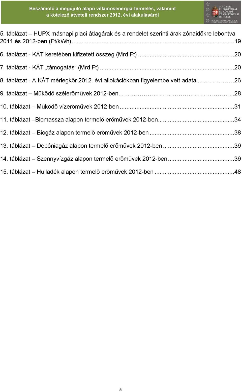 évi allokációkban figyelembe vett adatai.26 9. táblázat Működő szélerőművek 212-ben...28 1. táblázat Működő vízerőművek 212-ben...31 11.