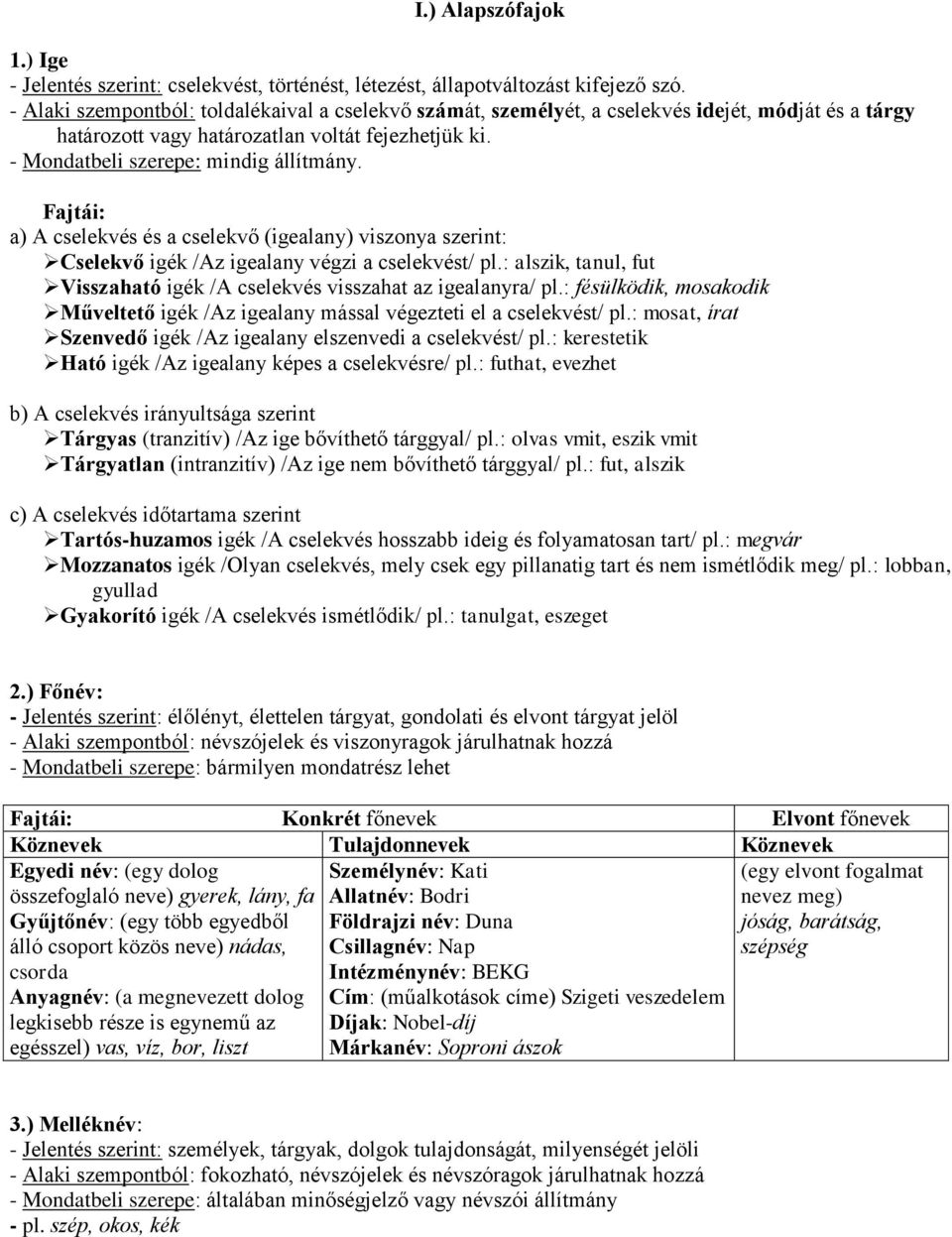 Fajtái: a) A cselekvés és a cselekvő (igealany) viszonya szerint: Cselekvő igék /Az igealany végzi a cselekvést/ pl.: alszik, tanul, fut Visszaható igék /A cselekvés visszahat az igealanyra/ pl.