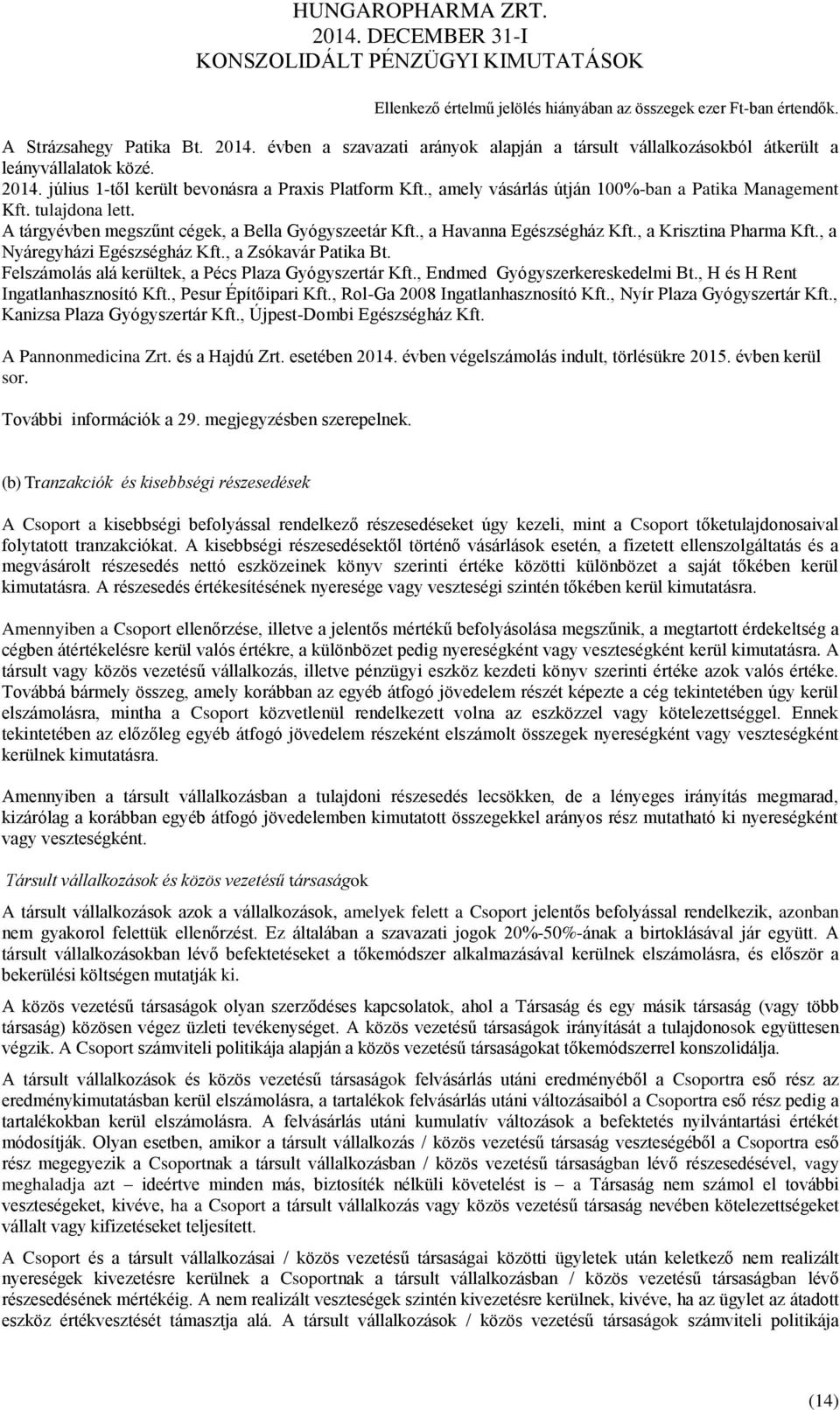 , amely vásárlás útján 100%-ban a Patika Management Kft. tulajdona lett. A tárgyévben megszűnt cégek, a Bella Gyógyszeetár Kft., a Havanna Egészségház Kft., a Krisztina Pharma Kft.