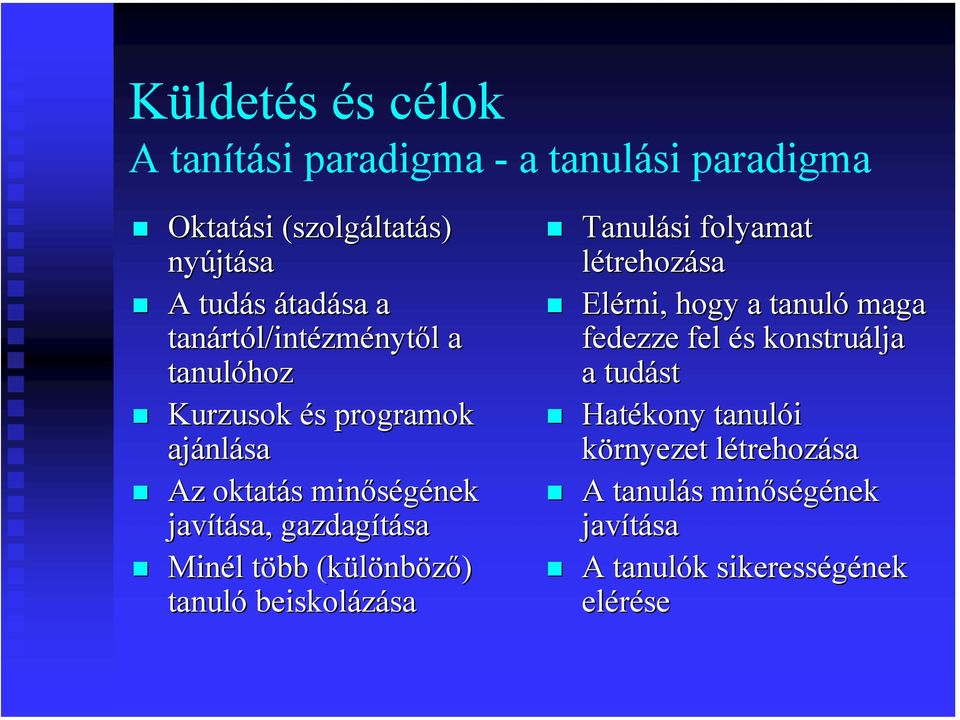 több t (különb nböző) tanuló beiskolázása sa Tanulási folyamat létrehozása Elérni, hogy a tanuló maga fedezze fel és s