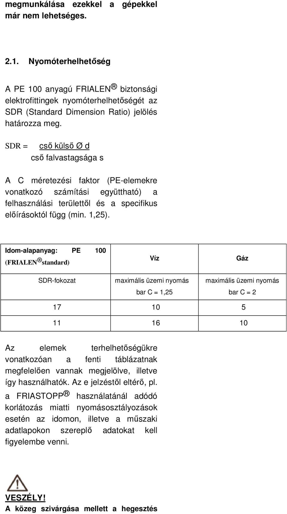 SDR = csı külsı Ø d csı falvastagsága s A C méretezési faktor (PE-elemekre vonatkozó számítási együttható) a felhasználási területtıl és a specifikus elıírásoktól függ (min. 1,25).