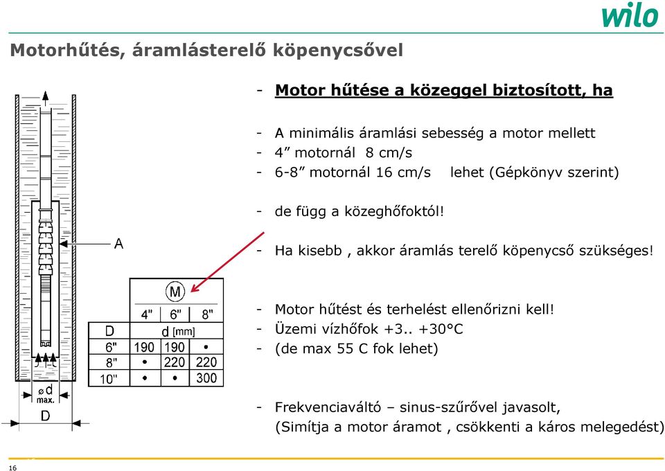 - Ha kisebb, akkor áramlás terelő köpenycső szükséges! - Motor hűtést és terhelést ellenőrizni kell! - Üzemi vízhőfok +3.