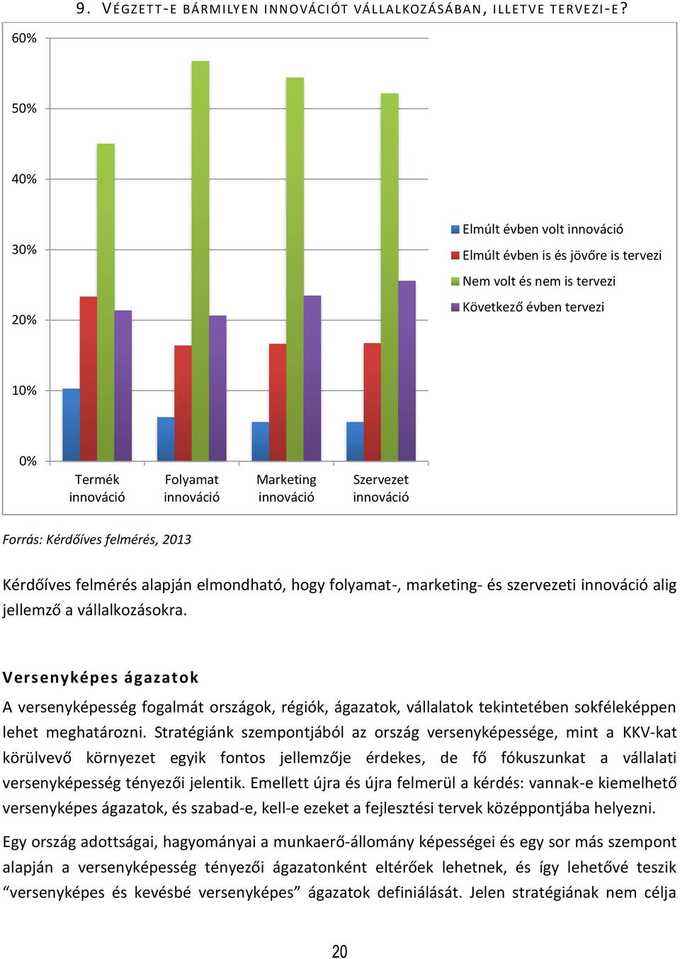 Szervezet innováció Forrás: Kérdőíves felmérés, 2013 Kérdőíves felmérés alapján elmondható, hogy folyamat-, marketing- és szervezeti innováció alig jellemző a vállalkozásokra.