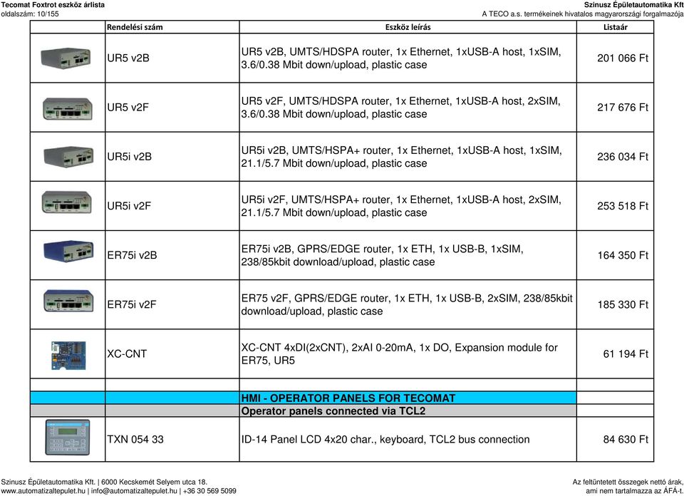 38 Mbit down/upload, plastic case 217 676 Ft UR5i v2b UR5i v2b, UMTS/HSPA+ router, 1x Ethernet, 1xUSB-A host, 1xSIM, 21.1/5.