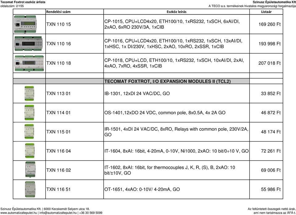 MODULES II (TCL2) TXN 113 01 IB-1301, 12xDI 24 VAC/DC, GO 33 852 Ft TXN 114 01 OS-1401,12xDO 24 VDC, common pole, 8x0.