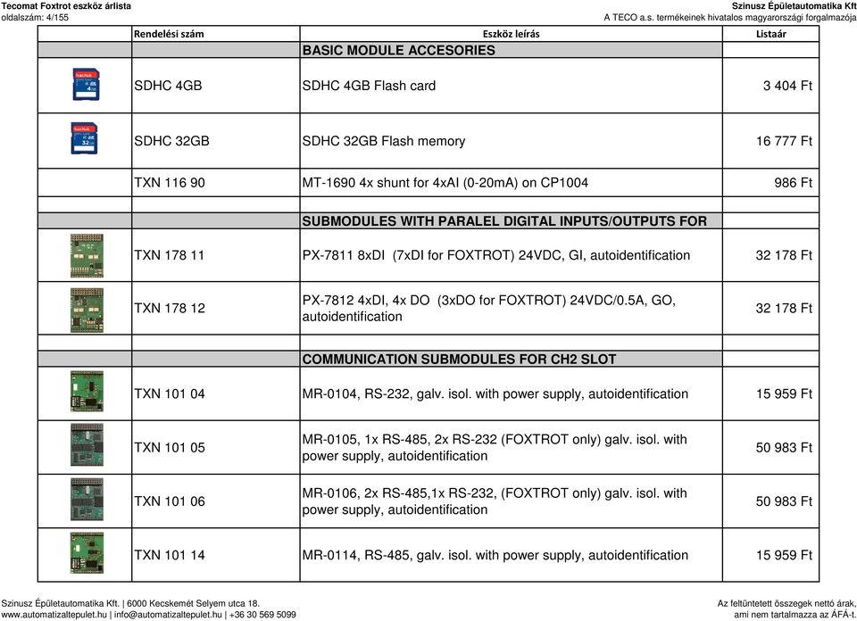 5A, GO, autoidentification 32 178 Ft COMMUNICATION SUBMODULES FOR CH2 SLOT TXN 101 04 MR-0104, RS-232, galv. isol.