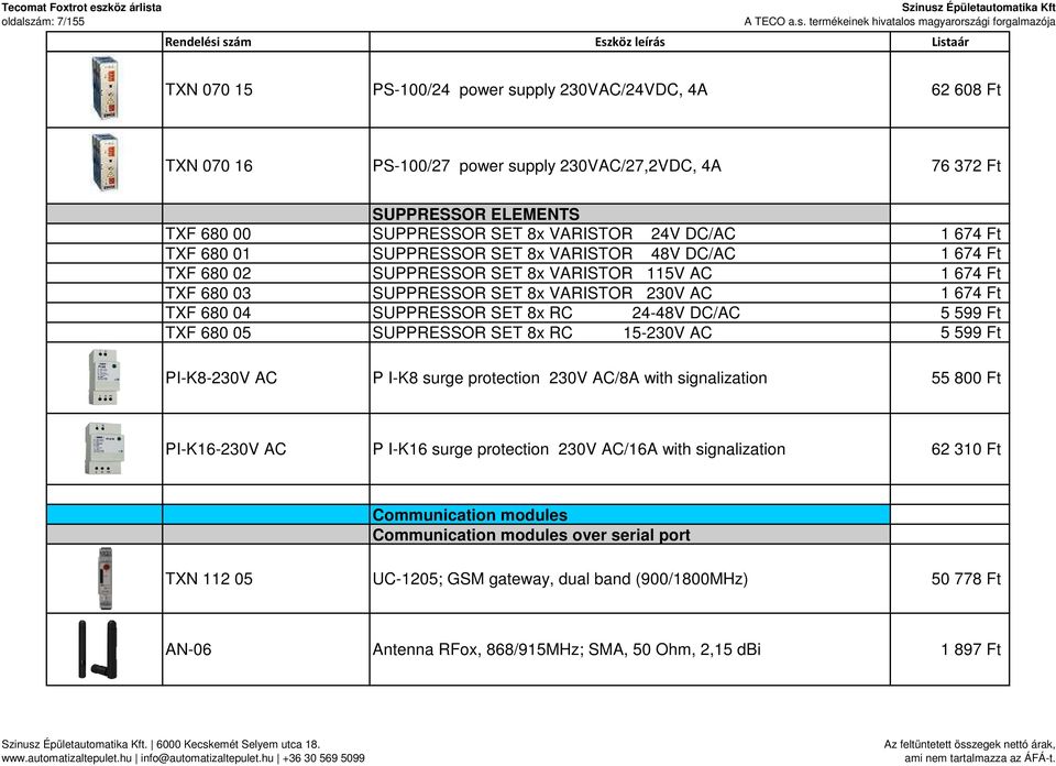 SUPPRESSOR SET 8x RC 24-48V DC/AC 5 599 Ft TXF 680 05 SUPPRESSOR SET 8x RC 15-230V AC 5 599 Ft PI-K8-230V AC P I-K8 surge protection 230V AC/8A with signalization 55 800 Ft PI-K16-230V AC P I-K16