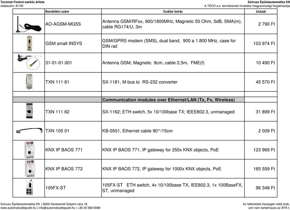 001 Antenna GSM, Magnetic 9cm, cable 2,5m, FME(f) 10 490 Ft TXN 111 81 SX-1181, M-bus to RS-232 converter 45 570 Ft Communication modules over Ethernet/LAN (Tx, Fx, Wireless) TXN 111 62 SX-1162;