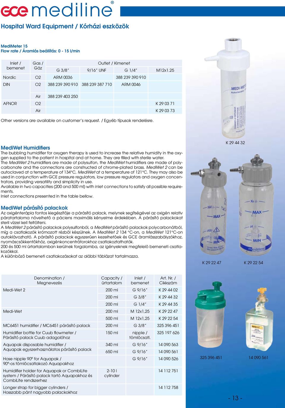 / Egyéb típusok rendelésre. MediWet Humidifiers The bubbling humidifier for oxygen therapy is used to increase the relative humidity in the oxygen supplied to the patient in hospital and at home.