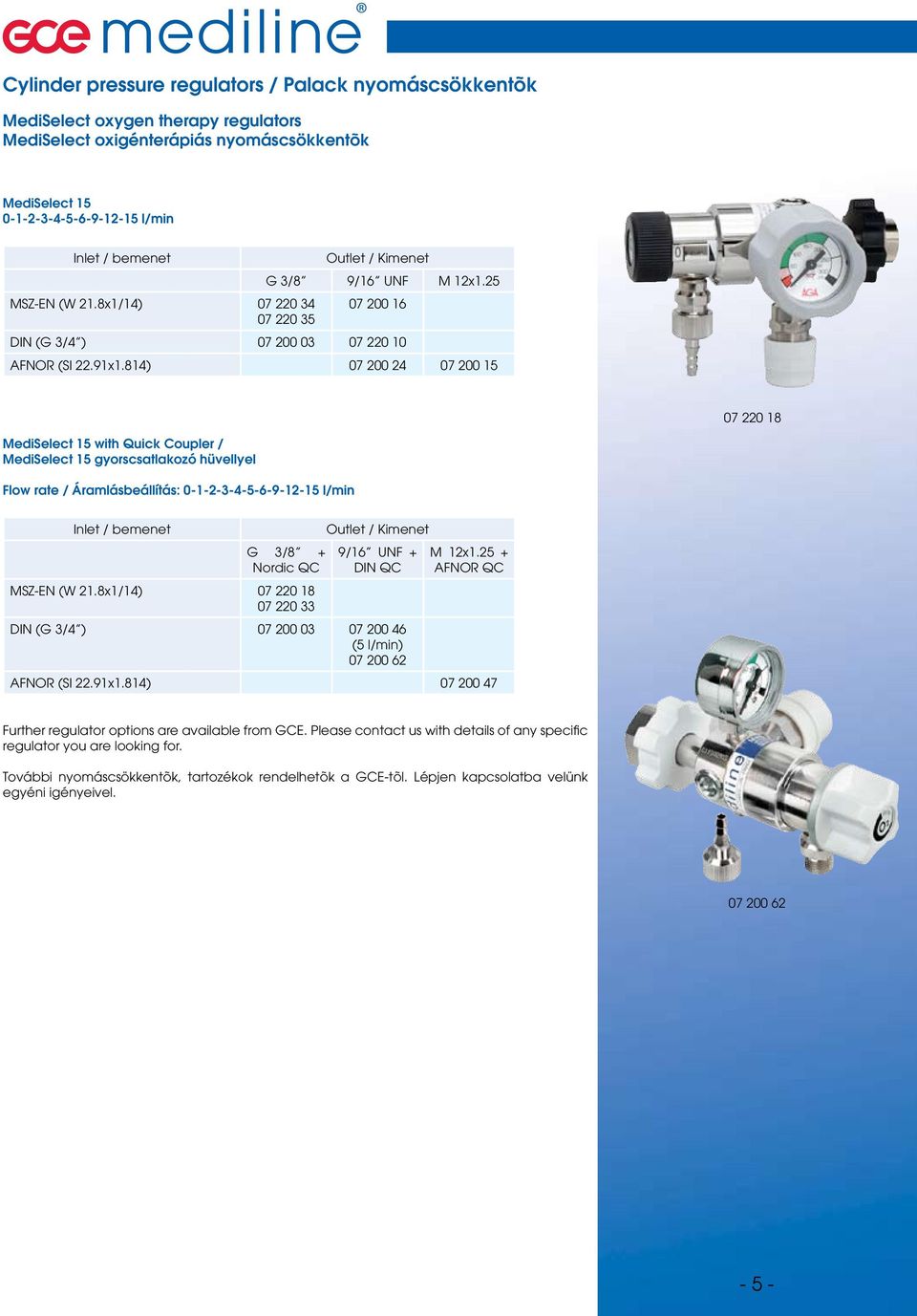 814) 07 200 24 07 200 15 07 220 18 MediSelect 15 with Quick Coupler / MediSelect 15 gyorscsatlakozó hüvellyel Flow rate / Áramlásbeállítás: 0-1-2-3-4-5-6-9-12-15 l/min Inlet / bemenet G 3/8 + Nordic