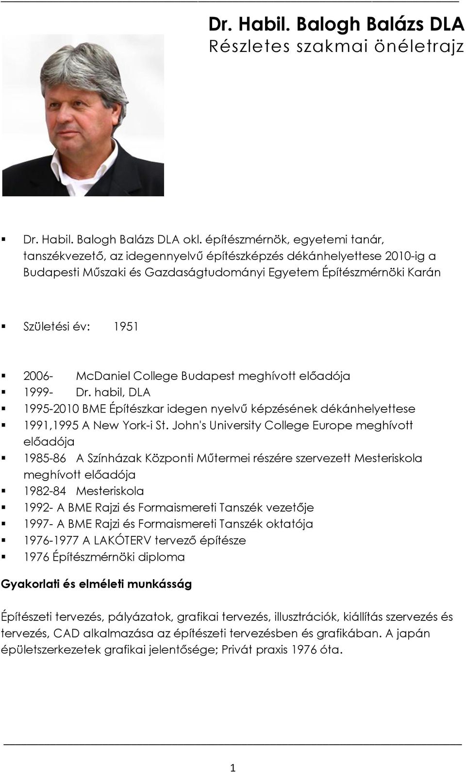 McDaniel College Budapest meghívott előadója 1999- Dr. habil, DLA 1995-2010 BME Építészkar idegen nyelvű képzésének dékánhelyettese 1991,1995 A New York-i St.