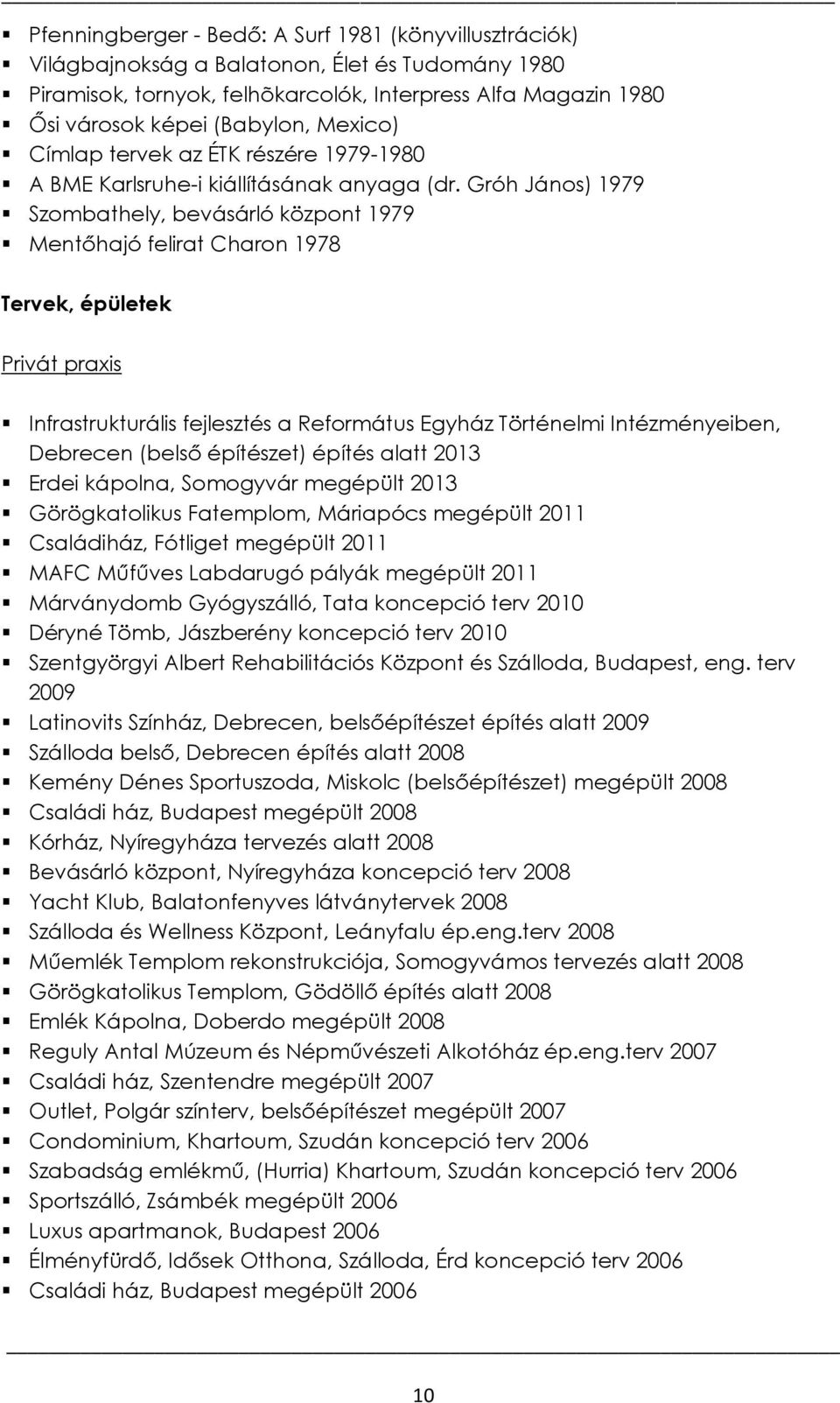 Gróh János) 1979 Szombathely, bevásárló központ 1979 Mentőhajó felirat Charon 1978 Tervek, épületek Privát praxis Infrastrukturális fejlesztés a Református Egyház Történelmi Intézményeiben, Debrecen