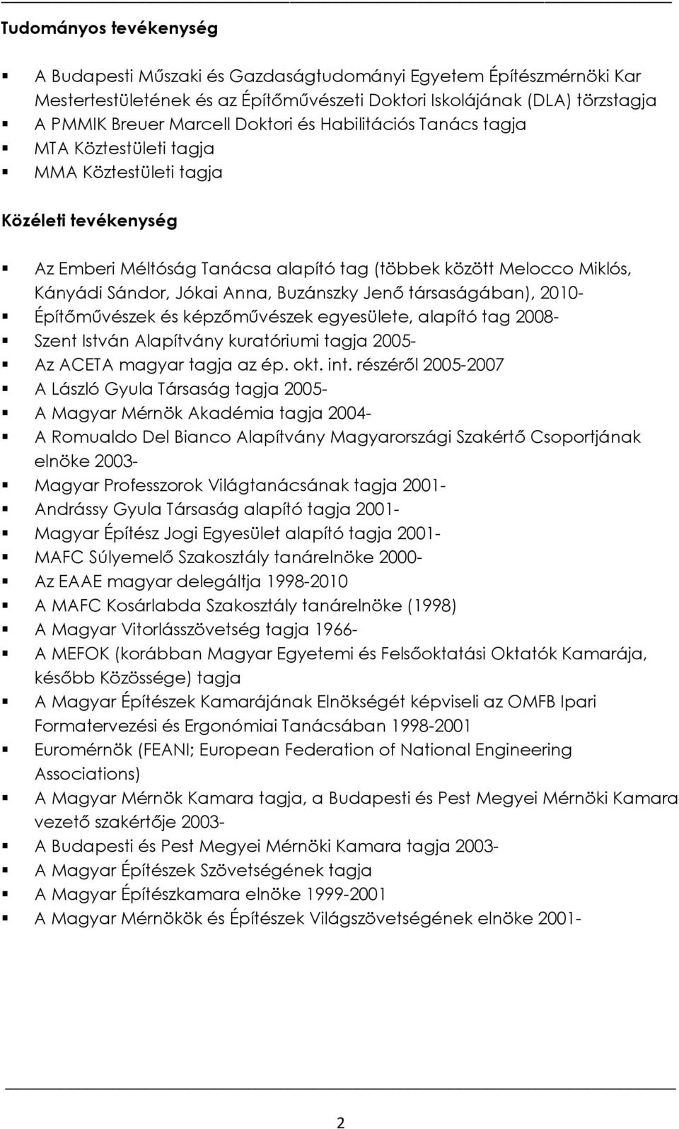 Buzánszky Jenő társaságában), 2010- Építőművészek és képzőművészek egyesülete, alapító tag 2008- Szent István Alapítvány kuratóriumi tagja 2005- Az ACETA magyar tagja az ép. okt. int.