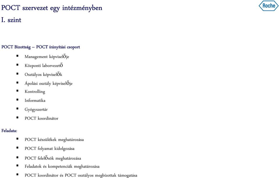 képviselők Ápolási osztály képviselője Kontrolling Informatika Gyógyszertár POCT koordinátor Feladata: