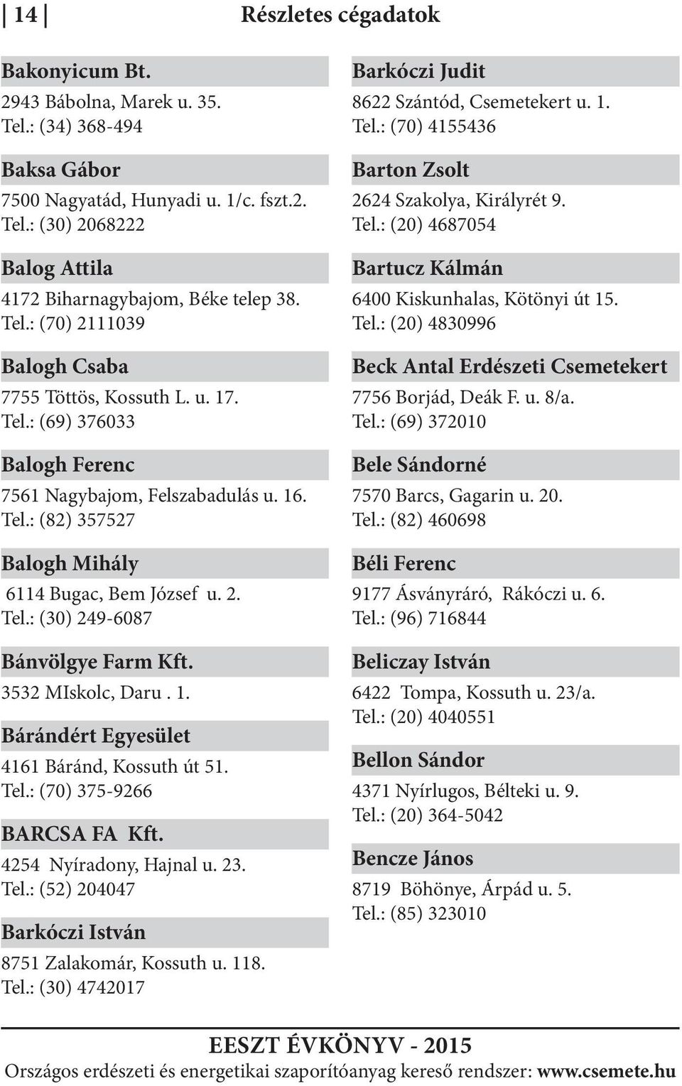 3532 MIskolc, Daru. 1. Bárándért Egyesület 4161 Báránd, Kossuth út 51. Tel.: (70) 375-9266 BARCSA FA Kft. 4254 Nyíradony, Hajnal u. 23. Tel.: (52) 204047 Barkóczi István 8751 Zalakomár, Kossuth u.