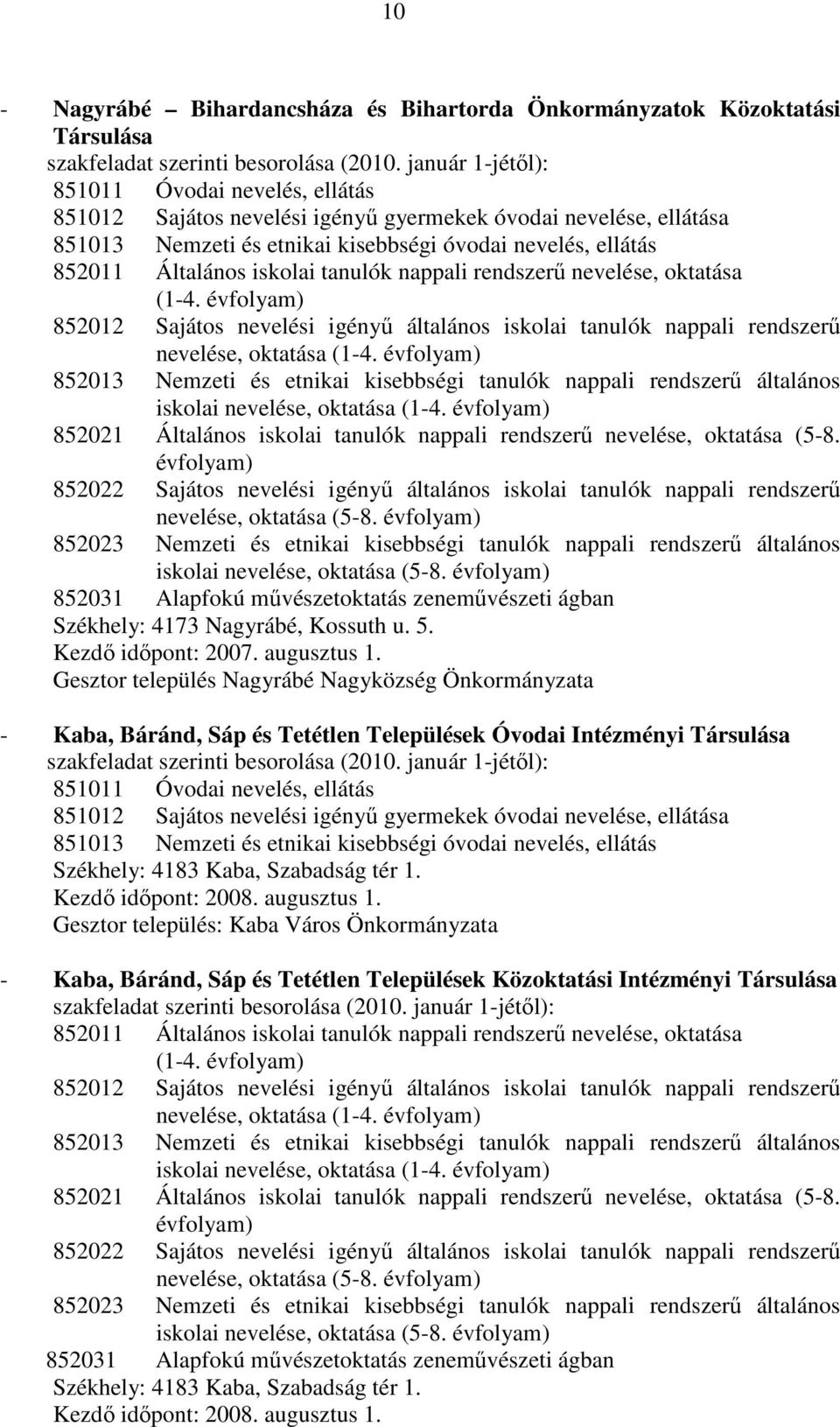 évfolyam) 852012 Sajátos nevelési igényű általános iskolai tanulók nappali rendszerű nevelése, oktatása (1-4.