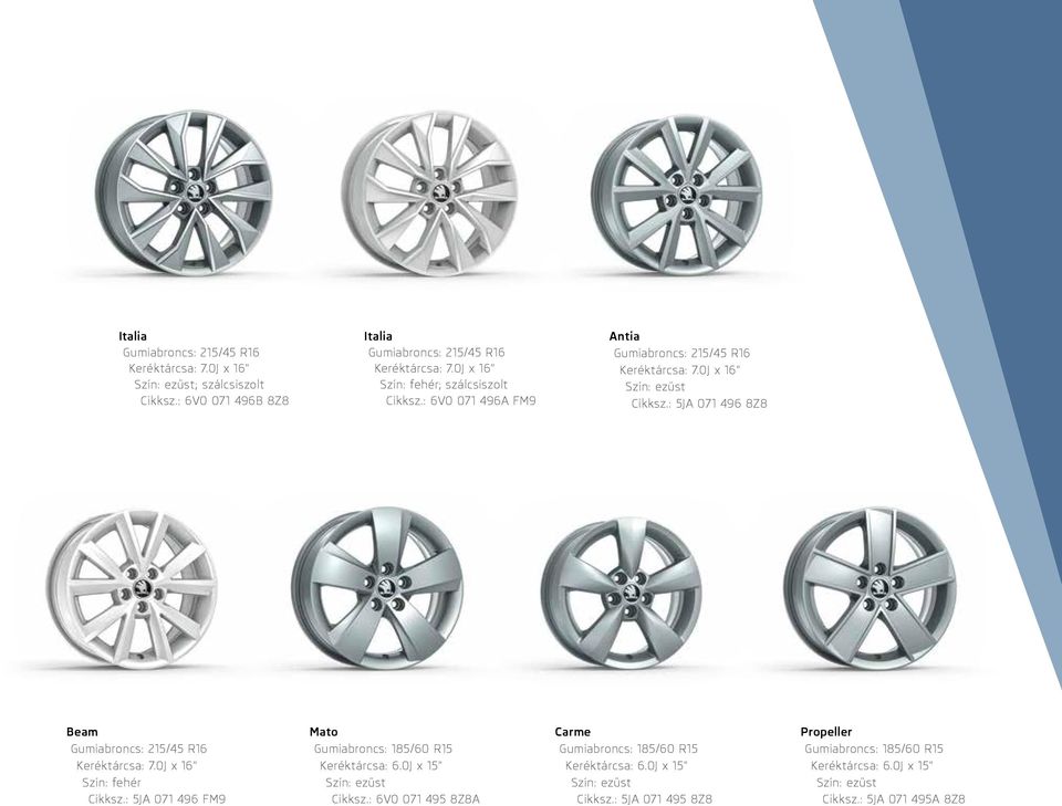 : 5JA 071 496 8Z8 Beam Gumiabroncs: 215/45 R16 Keréktárcsa: 7.0J x 16" Szín: fehér Cikksz.: 5JA 071 496 FM9 Mato Gumiabroncs: 185/60 R15 Keréktárcsa: 6.