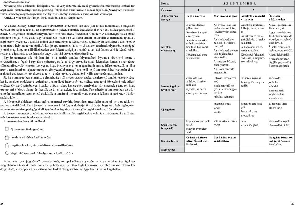 Reflektor videostúdió filmjei: Erdô mélyén, Kis növényismeret Hónap SZEPTEMBER Óraszám 1 2 3 4 A tanítási óra anyaga Vége a nyárnak Már iskolás vagyok Az iskola a második otthonom Önállóan is