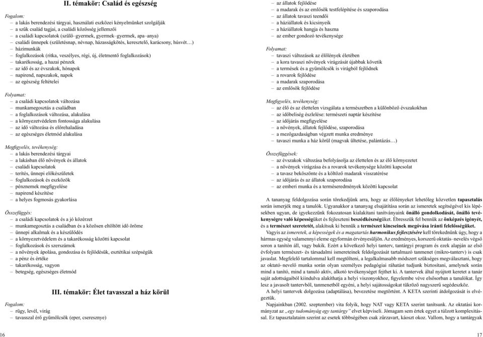 takarékosság, a hazai pénzek az idô és az évszakok, hónapok napirend, napszakok, napok az egészség feltételei Folyamat: a családi kapcsolatok változása munkamegosztás a családban a foglalkozások