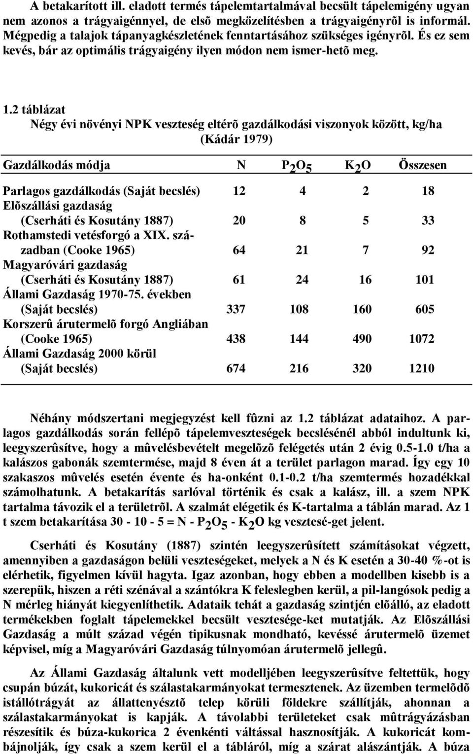 2 táblázat Négy évi növényi NPK veszteség eltérõ gazdálkodási viszonyok között, kg/ha (Kádár 1979) Gazdálkodás módja N P 2 O 5 K 2 O Összesen Parlagos gazdálkodás (Saját becslés) 12 4 2 18