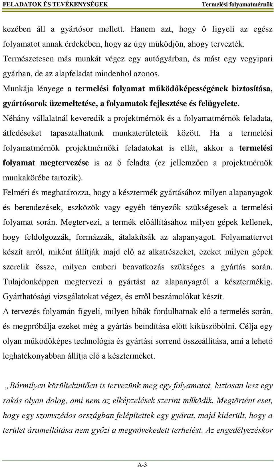 Munkája lényege a termelési folyamat működőképességének biztosítása, gyártósorok üzemeltetése, a folyamatok fejlesztése és felügyelete.