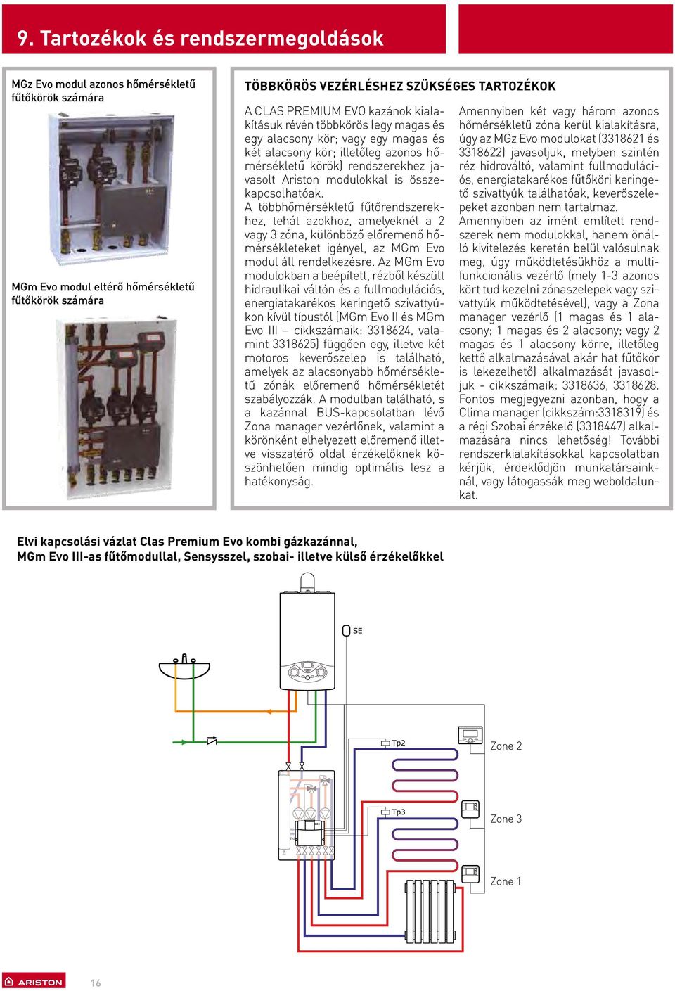 összekapcsolhatóak. A többhőmérsékletű fűtőrendszerekhez, tehát azokhoz, amelyeknél a 2 vagy 3 zóna, különböző előremenő hőmérsékleteket igényel, az MGm Evo modul áll rendelkezésre.