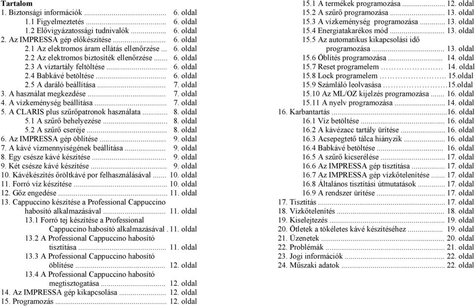 A használat megkezdése... 7. oldal 4. A vízkeménység beállítása... 7. oldal 5. A CLARIS plus szűrőpatronok használata... 8. oldal 5.1 A szűrő behelyezése... 8. oldal 5.2 A szűrő cseréje... 8. oldal 6.