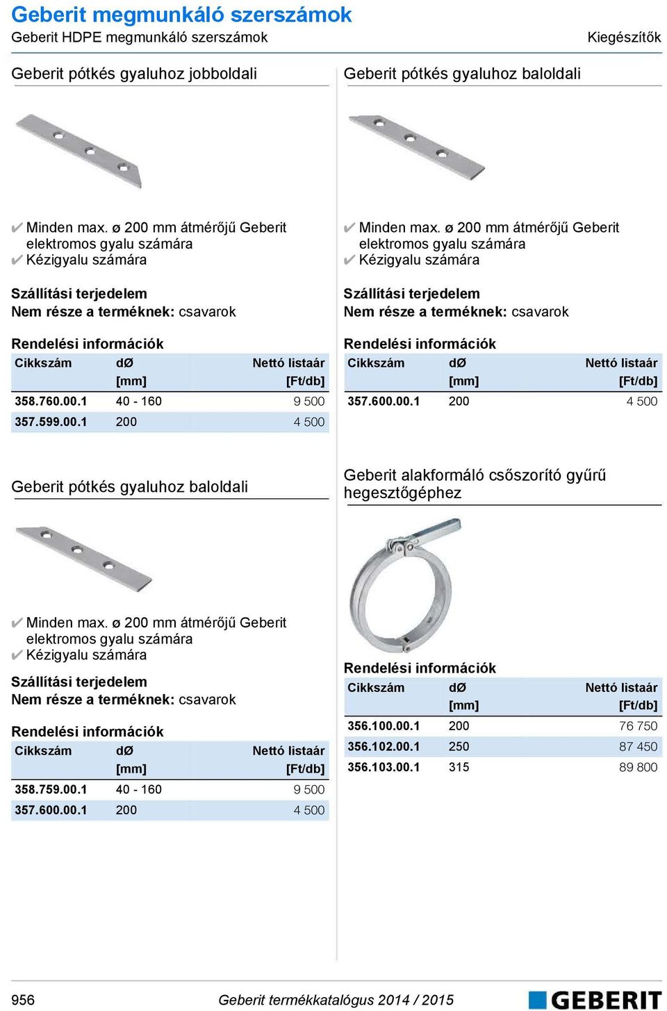 ø 200 mm átmérőjű Geberit elektromos gyalu számára Kézigyalu számára Nem része a terméknek: csavarok 357.600.00.1 200 4 500 Geberit pótkés gyaluhoz baloldali Geberit alakformáló csőszorító gyűrű hegesztőgéphez Minden max.