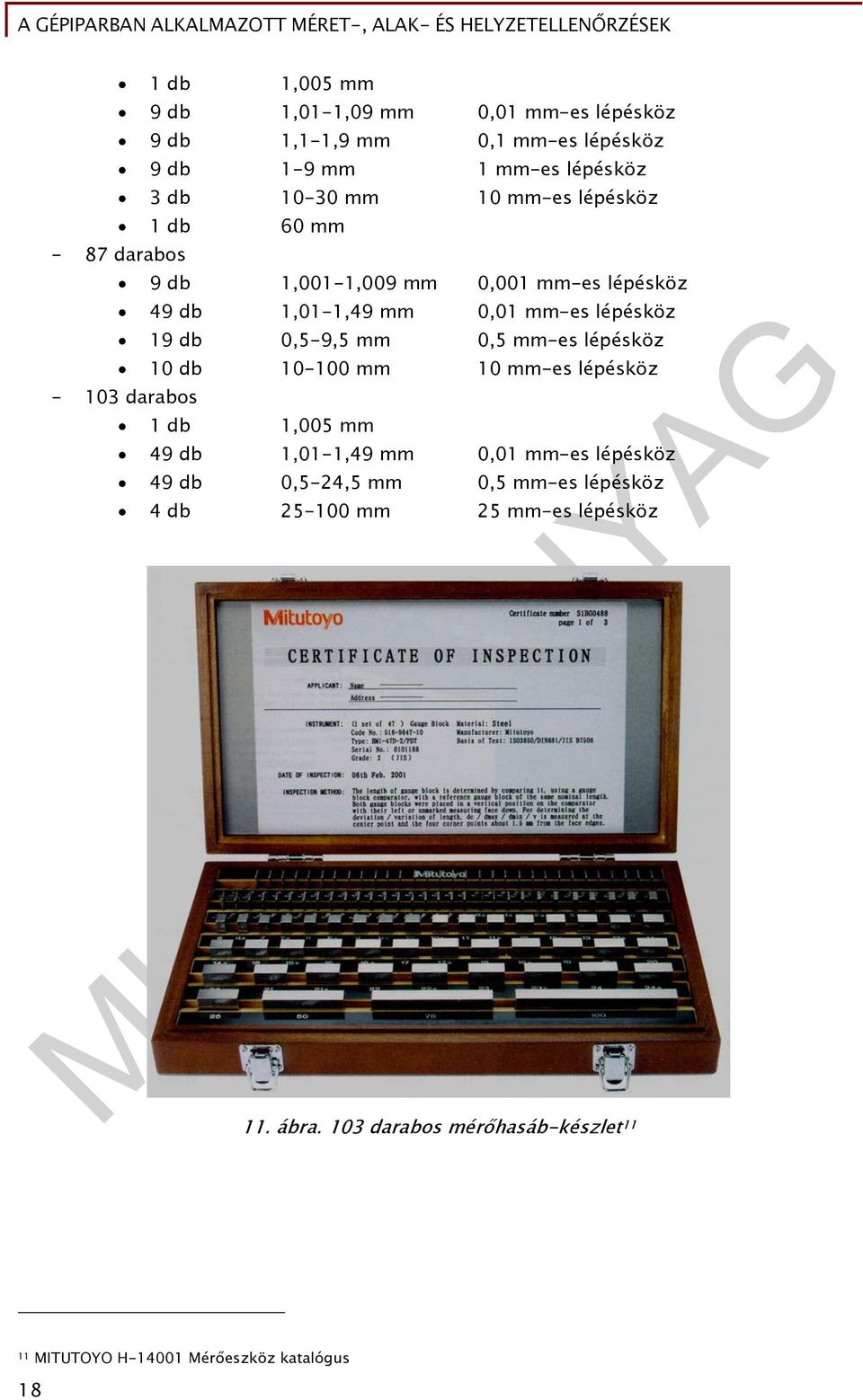 0,5 mm-es lépésköz 10 db 10-100 mm 10 mm-es lépésköz - 103 darabos 1 db 1,005 mm 49 db 1,01-1,49 mm 0,01 mm-es lépésköz 49 db 0,5-24,5