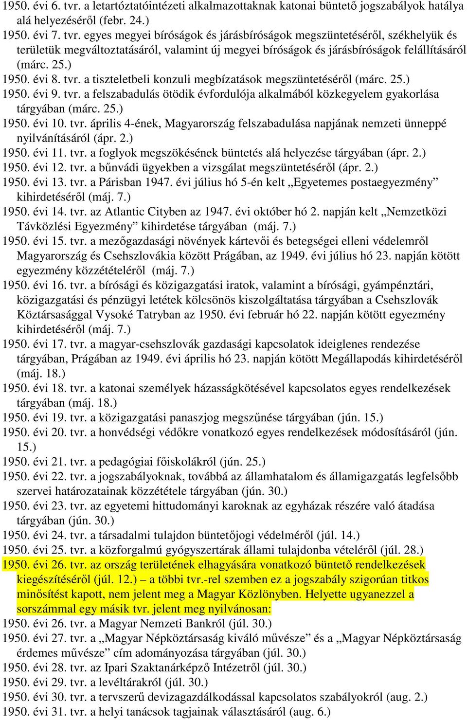 tvr. április 4-ének, Magyarország felszabadulása napjának nemzeti ünneppé nyilvánításáról (ápr. 2.) 1950. évi 11. tvr. a foglyok megszökésének büntetés alá helyezése tárgyában (ápr. 2.) 1950. évi 12.