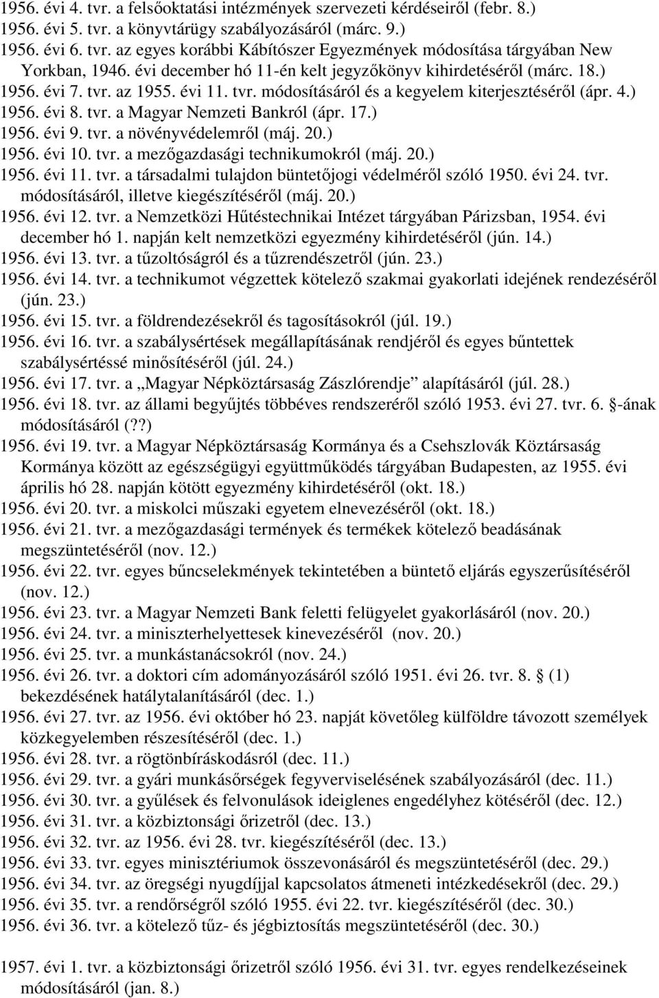 17.) 1956. évi 9. tvr. a növényvédelemről (máj. 20.) 1956. évi 10. tvr. a mezőgazdasági technikumokról (máj. 20.) 1956. évi 11. tvr. a társadalmi tulajdon büntetőjogi védelméről szóló 1950. évi 24.