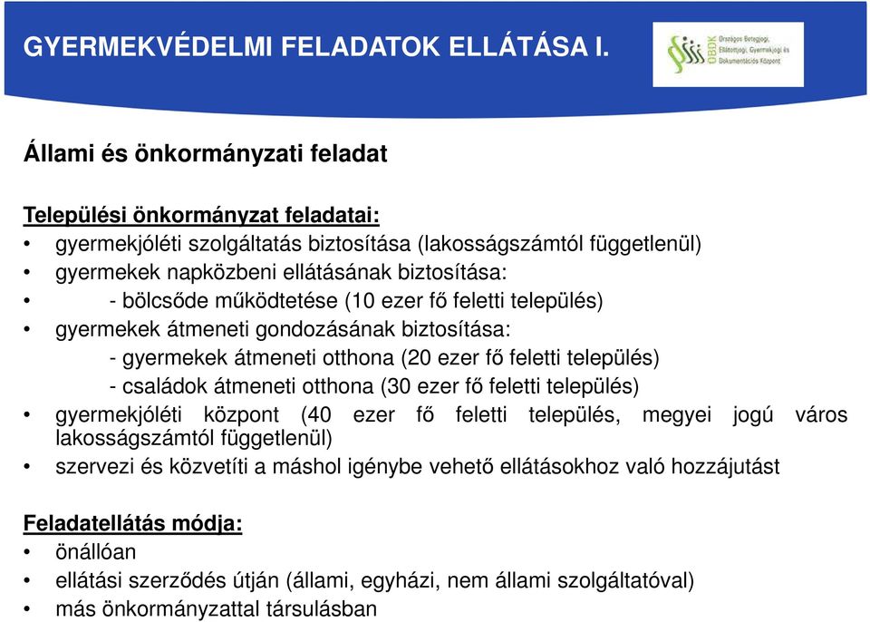 bölcsőde működtetése (10 ezer fő feletti település) gyermekek átmeneti gondozásának biztosítása: - gyermekek átmeneti otthona (20 ezer fő feletti település) - családok átmeneti otthona