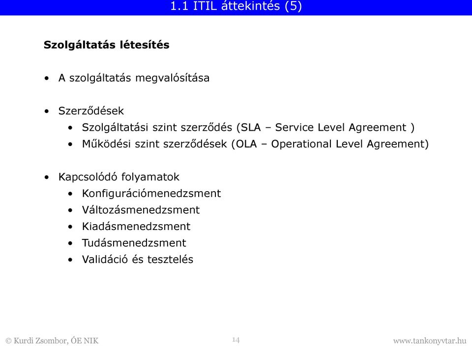 szint szerződések (OLA Operational Level Agreement) Kapcsolódó folyamatok