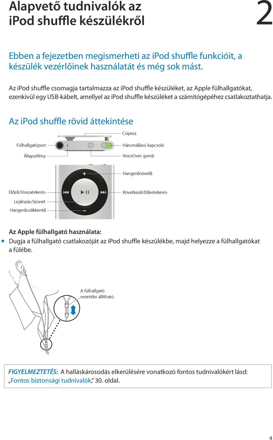 Az ipod shuffle rövid áttekintése Csipesz Fülhallgatóport Állapotfény Háromállású kapcsoló VoiceOver gomb Hangerőnövelő Előző/Visszatekerés Lejátszás/Szünet Hangerőcsőkkentő Következő/Előretekerés Az