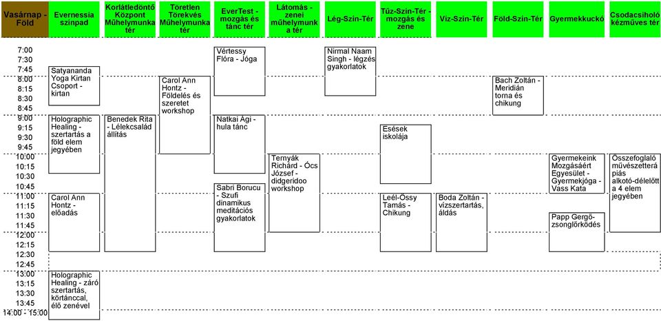 Földelés és szeretet Vértessy Flóra - Jóga Natkai Ági - hula tánc Sabri Borucu - Szufi dinamikus meditációs gyakorlatok Ternyák Richárd - Ócs József - didgeridoo Nirmal Naam Singh - légzés