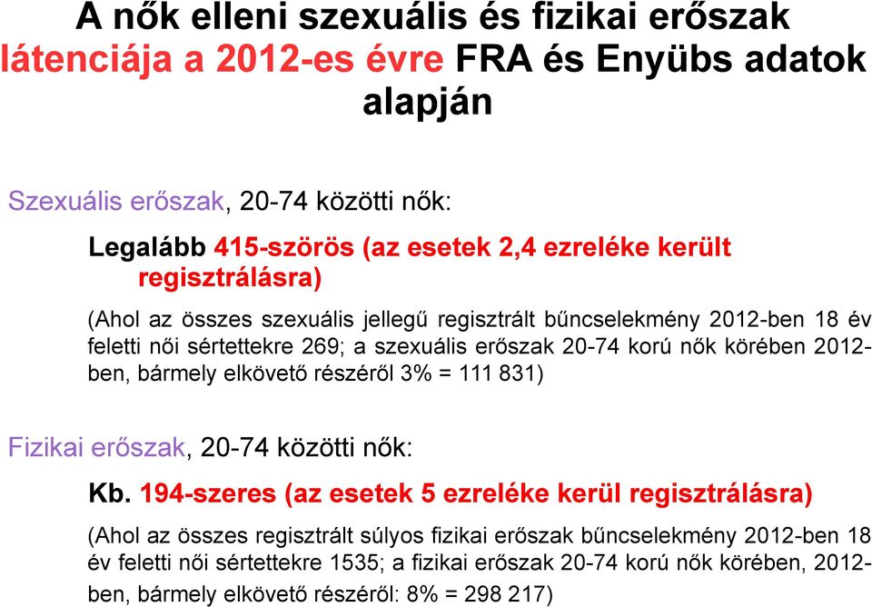 körében 2012- ben, bármely elkövető részéről 3% = 111 831) Fizikai erőszak, 20-74 közötti nők: Kb.