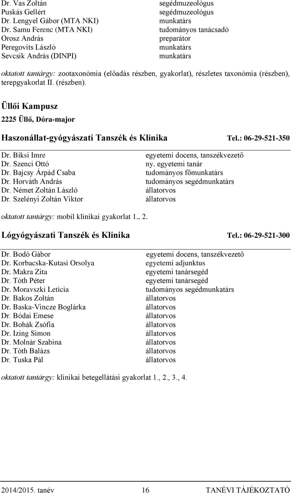 zootaxonómia (előadás részben, gyakorlat), részletes taxonómia (részben), terepgyakorlat II. (részben). Üllői Kampusz 5 Üllő, Dóra-major Haszonállat-gyógyászati Tanszék és Klinika Tel.