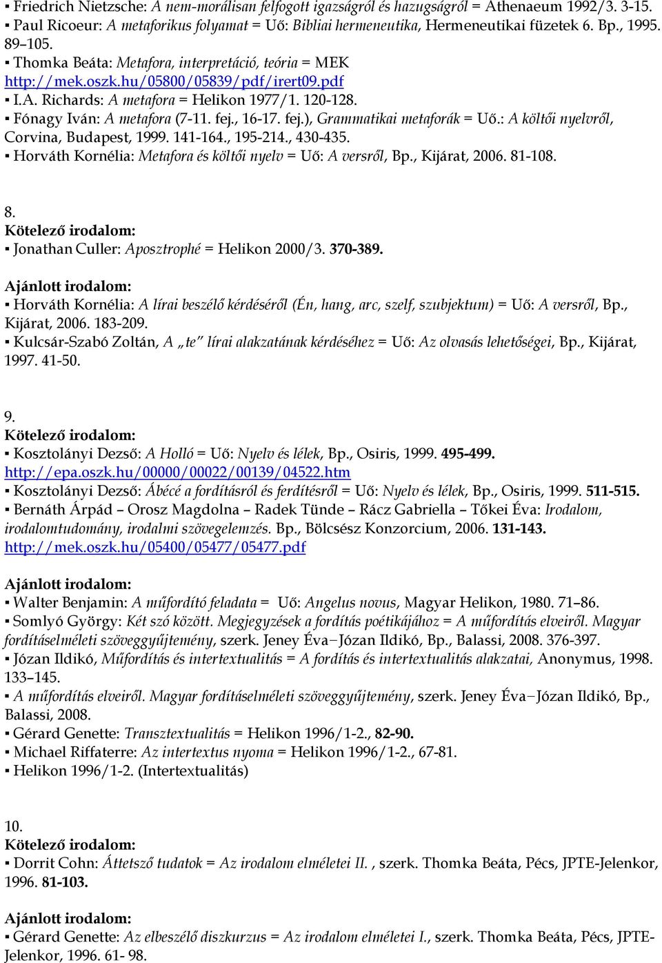 , 16-17. fej.), Grammatikai metaforák = Uő.: A költői nyelvről, Corvina, Budapest, 1999. 141-164., 195-214., 430-435. Horváth Kornélia: Metafora és költői nyelv = Uő: A versről, Bp., Kijárat, 2006.