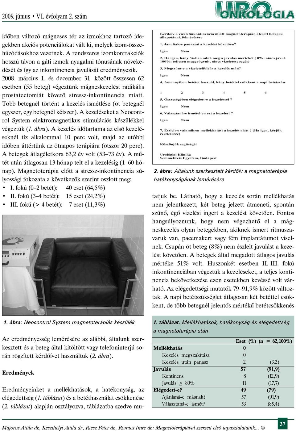 között összesen 62 esetben (55 beteg) végeztünk mágneskezelést radikális prostatectomiát követõ stressz-inkontinencia miatt.