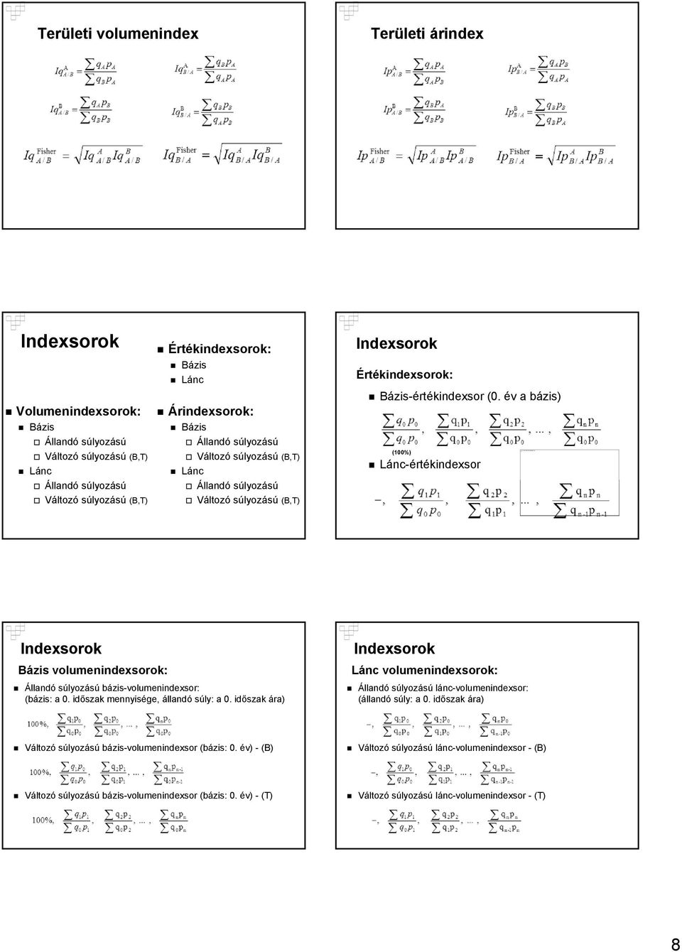 Bázis Állandó súlyozású Változó súlyozású (B,T) Lánc Állandó súlyozású Változó súlyozású (B,T) Értékindexsorok: Bázis-értékindexsor (0.