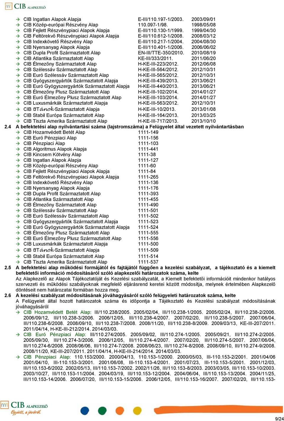 2006/06/02 CIB Dupla Profit Alap EN-III/TTE-350/2010. 2010/08/19 CIB Atlantika Alap KE-III/333/2011. 2011/06/20 CIB Élmezőny Alap H-KE-III-223/2012. 2012/06/08 CIB Szélessáv Alap H-KE-III-564/2012.