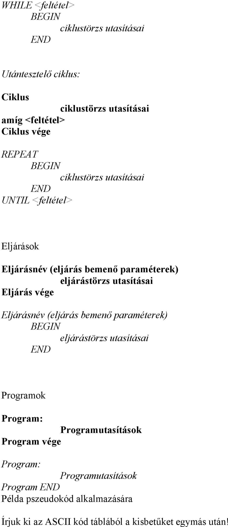 Eljárás vége Eljárásnév (eljárás bemenő paraméterek) eljárástörzs utasításai END Programok Program: Programutasítások Program