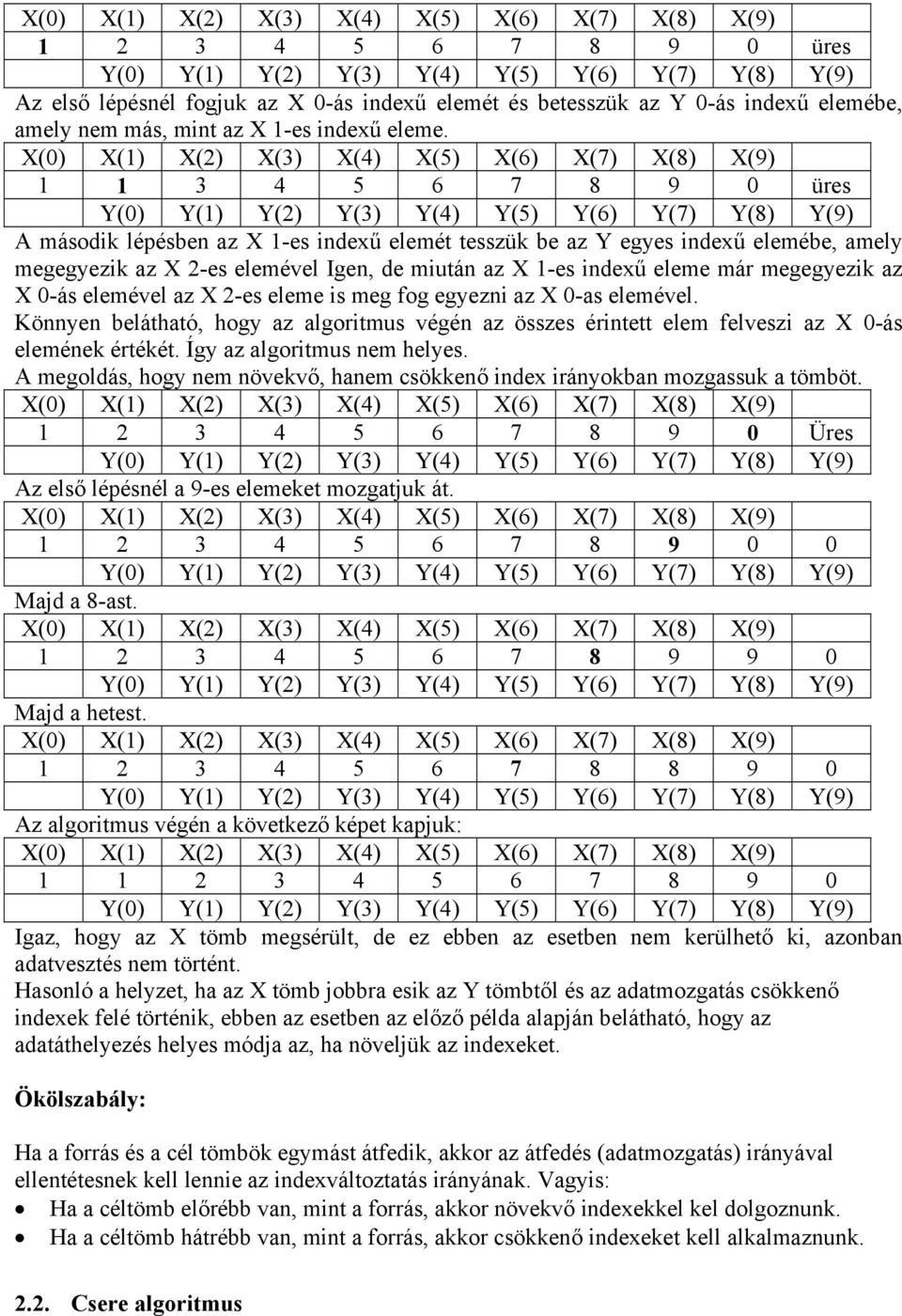X(0) X(1) X(2) X(3) X(4) X(5) X(6) X(7) X(8) X(9) 1 1 3 4 5 6 7 8 9 0 üres Y(0) Y(1) Y(2) Y(3) Y(4) Y(5) Y(6) Y(7) Y(8) Y(9) A második lépésben az X 1-es indexű elemét tesszük be az Y egyes indexű