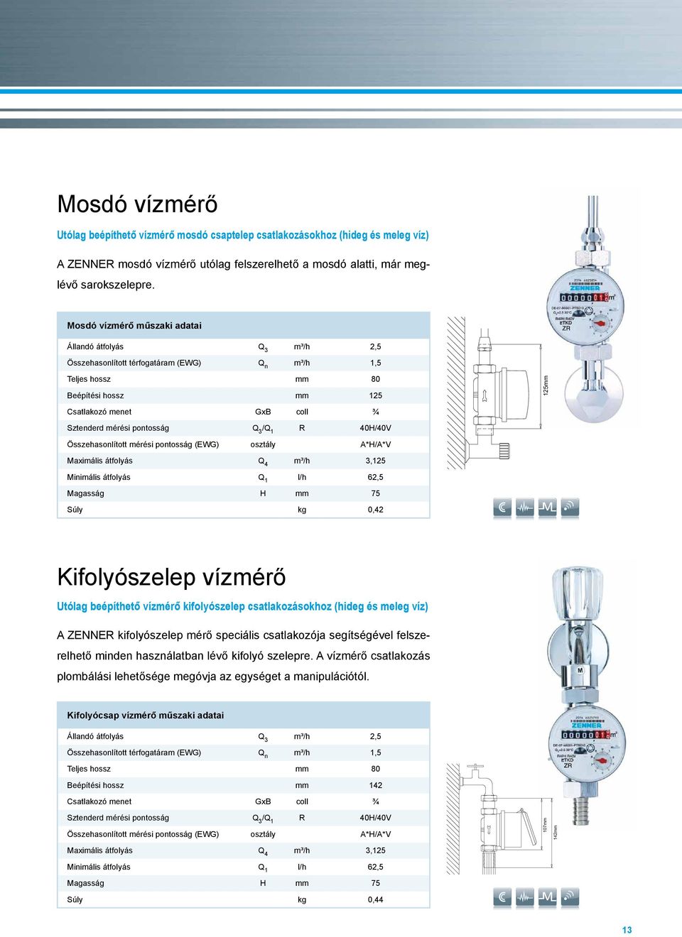 mérési pontosság Q 3 /Q 1 R 40H/40V Összehasonlított mérési pontosság (EWG) osztály A*H/A*V Maximális átfolyás Q 4 m³/h 3,125 Minimális átfolyás Q 1 l/h 62,5 Magasság H mm 75 Súly kg 0,42 1 1