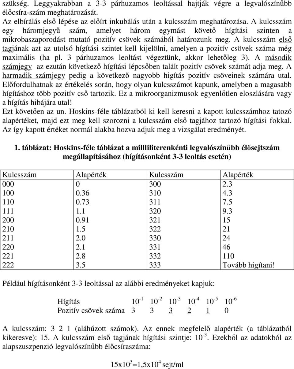 A kulcsszám elsı tagjának azt az utolsó hígítási szintet kell kijelölni, amelyen a pozitív csövek száma még maximális (ha pl. 3 párhuzamos leoltást végeztünk, akkor lehetıleg 3).