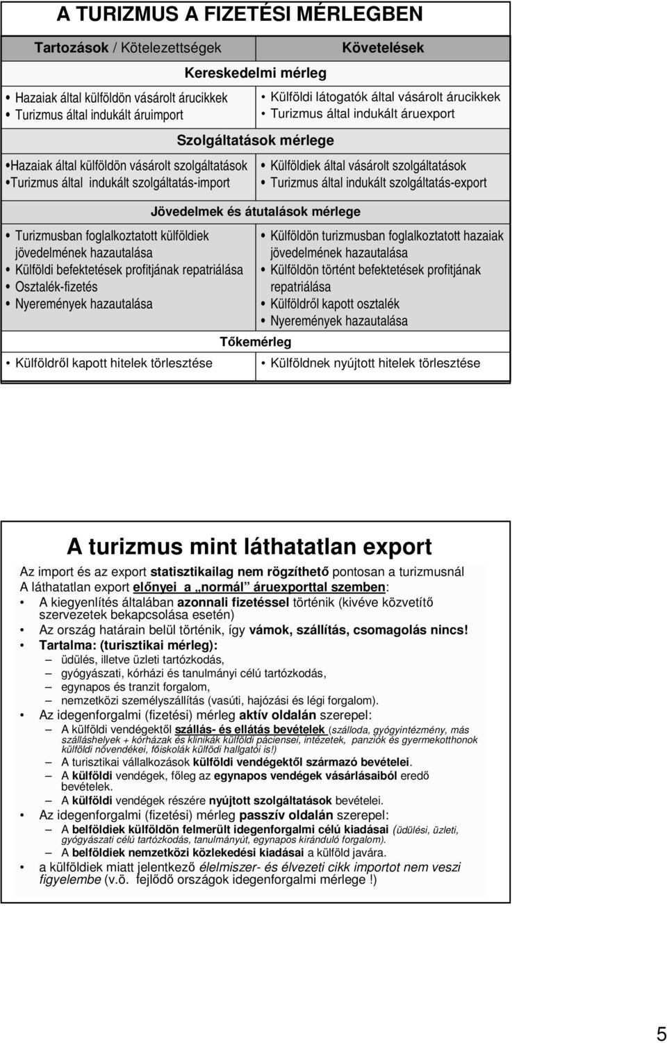 kapott hitelek törlesztése Kereskedelmi mérleg Szolgáltatások mérlege Jövedelmek és átutalások mérlege Tıkemérleg Követelések Külföldi látogatók által vásárolt árucikkek Turizmus által indukált