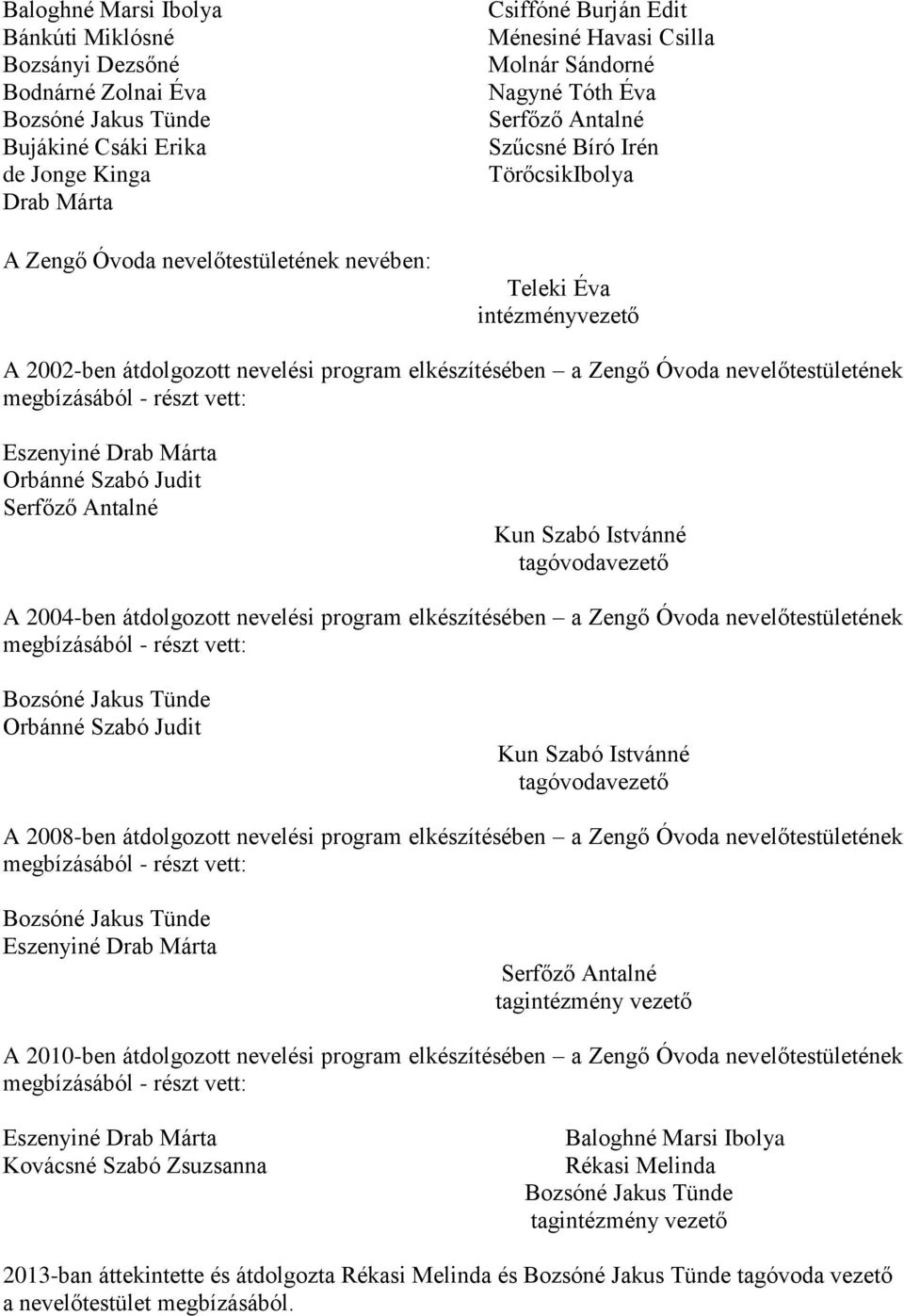 Zengő Óvoda nevelőtestületének megbízásából - részt vett: Eszenyiné Drab Márta Orbánné Szabó Judit Serfőző Antalné Kun Szabó Istvánné tagóvodavezető A 2004-ben átdolgozott nevelési program