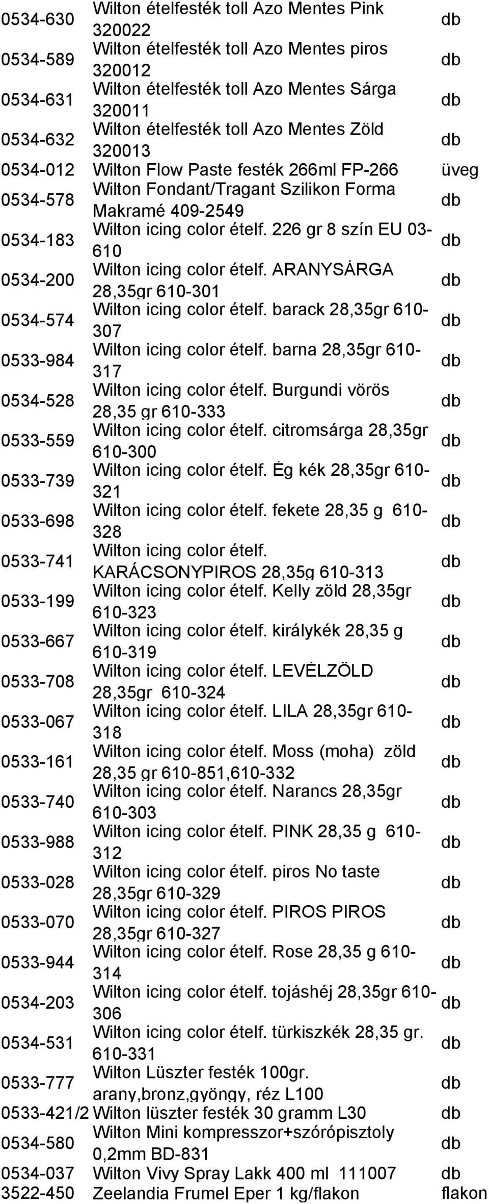 226 gr 8 szín EU 03-610 0534-200 Wilton icing color ételf. ARANYSÁRGA 28,35gr 610-301 0534-574 Wilton icing color ételf. barack 28,35gr 610-307 0533-984 Wilton icing color ételf.