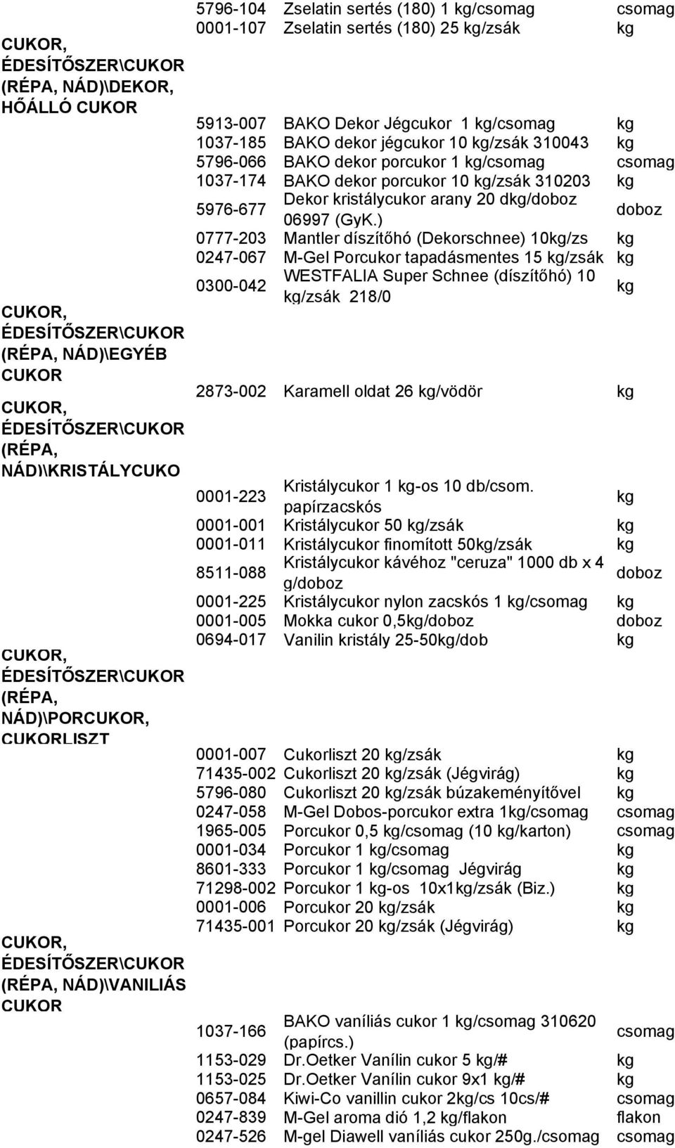 dekor jégcukor 10 /zsák 310043 5796-066 BAKO dekor porcukor 1 / 1037-174 BAKO dekor porcukor 10 /zsák 310203 5976-677 Dekor kristálycukor arany 20 d/ 06997 (GyK.