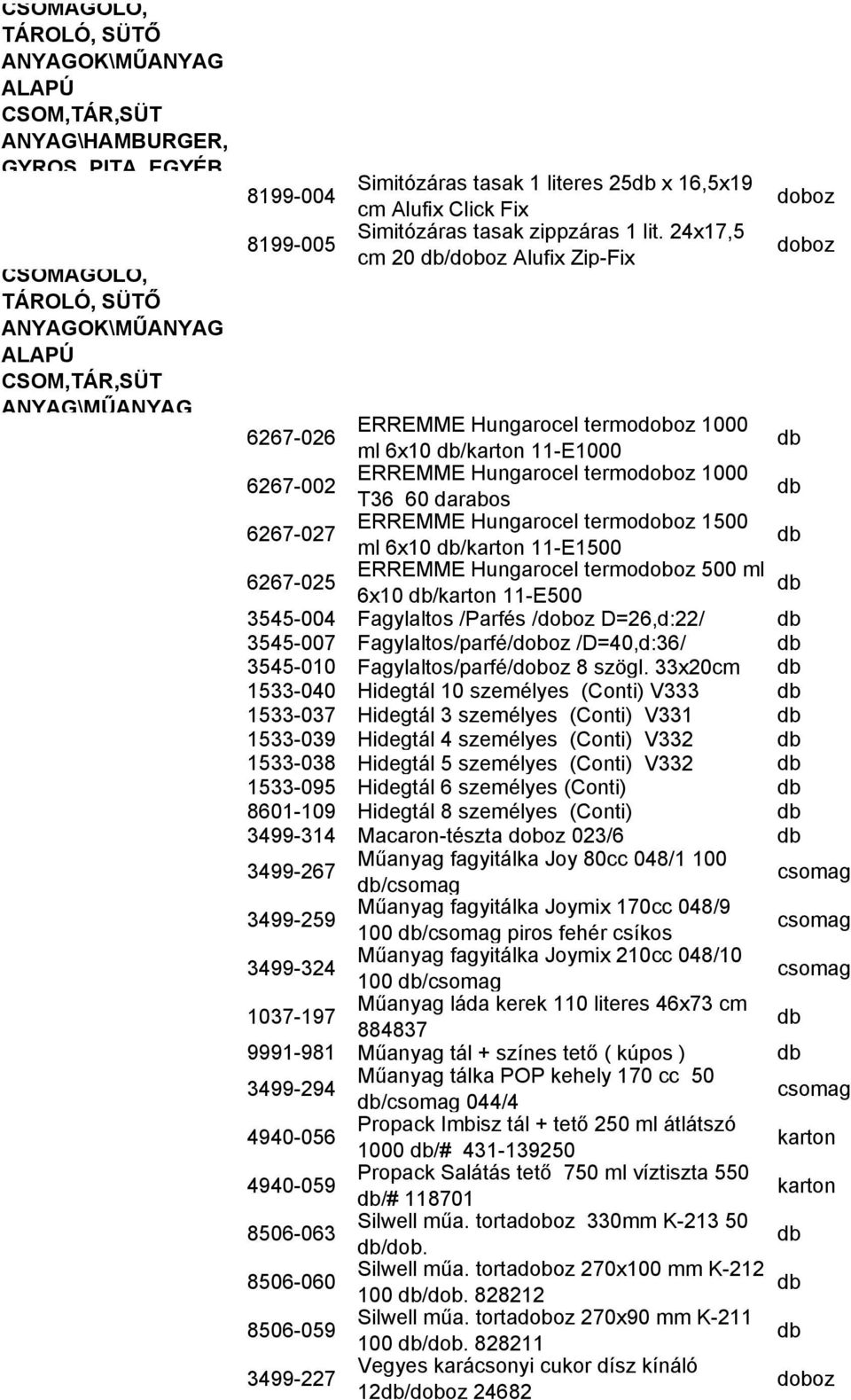 24x17,5 cm 20 / Alufix Zip-Fix 6267-026 ERREMME Hungarocel termo 1000 ml 6x10 /karton 11-E1000 6267-002 ERREMME Hungarocel termo 1000 T36 60 darabos 6267-027 ERREMME Hungarocel termo 1500 ml 6x10